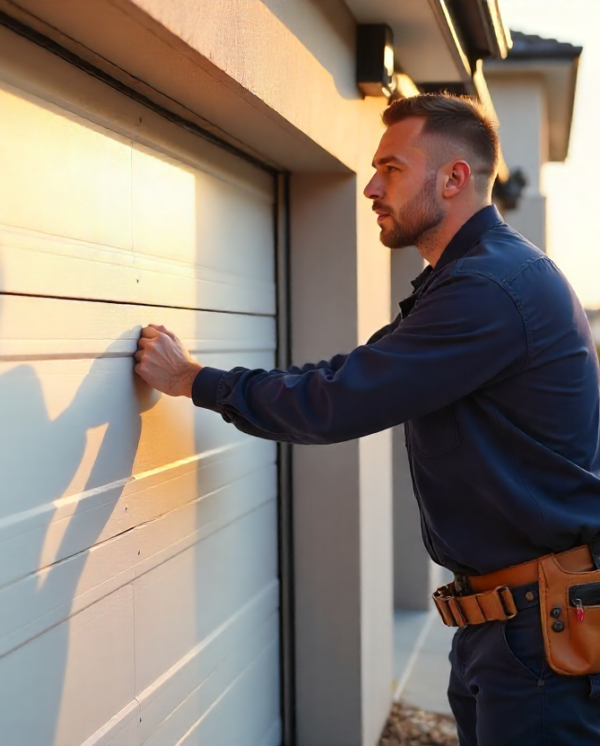 repairing-a-tilted-white-sectional-garage-door-on-a-modern-Sylvania-suburban-hom (1)