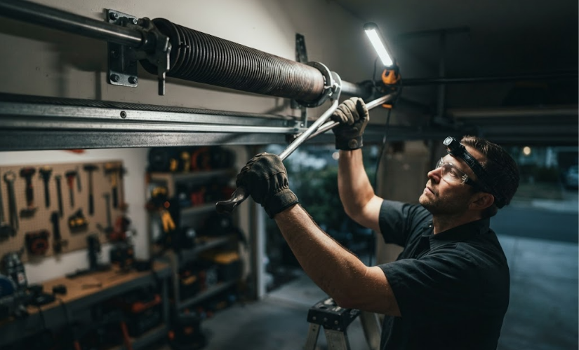 Licensed technician performing broken garage door spring repair at night for Garage Door Expert FL Florida